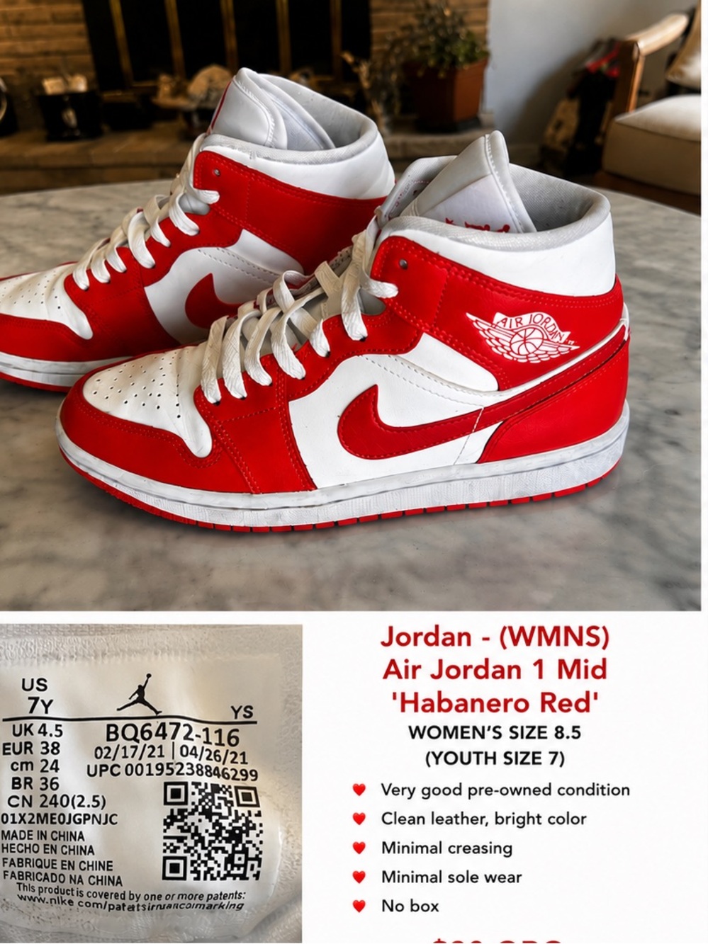 Jordan Air Jordan 1 Mid White and Habanero Red Womens Sneakers